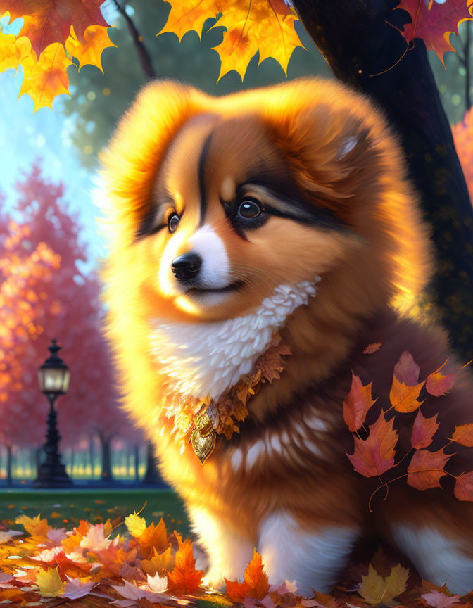 Fluffy Pomeranian in autumn park with fallen leaves