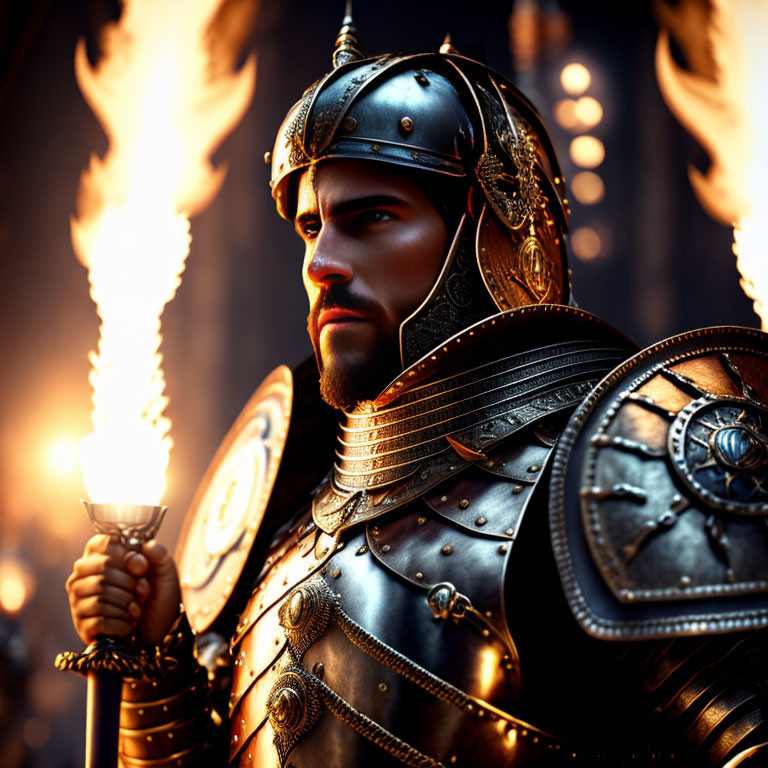 Medieval knight in ornate armor holding a flaming torch amid warm torchlight glow