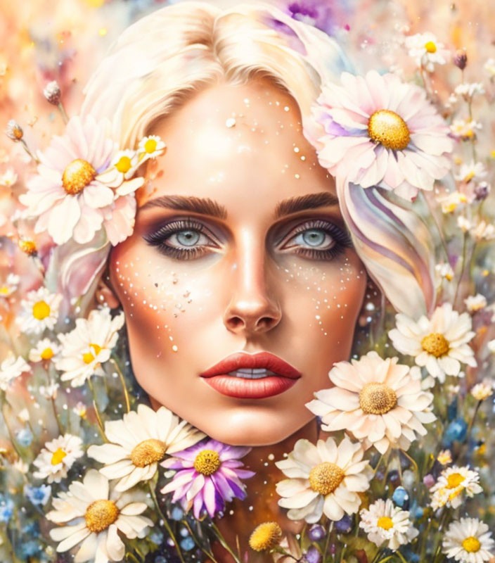 Portrait of Woman with Striking Blue Eyes Surrounded by Colorful Flowers