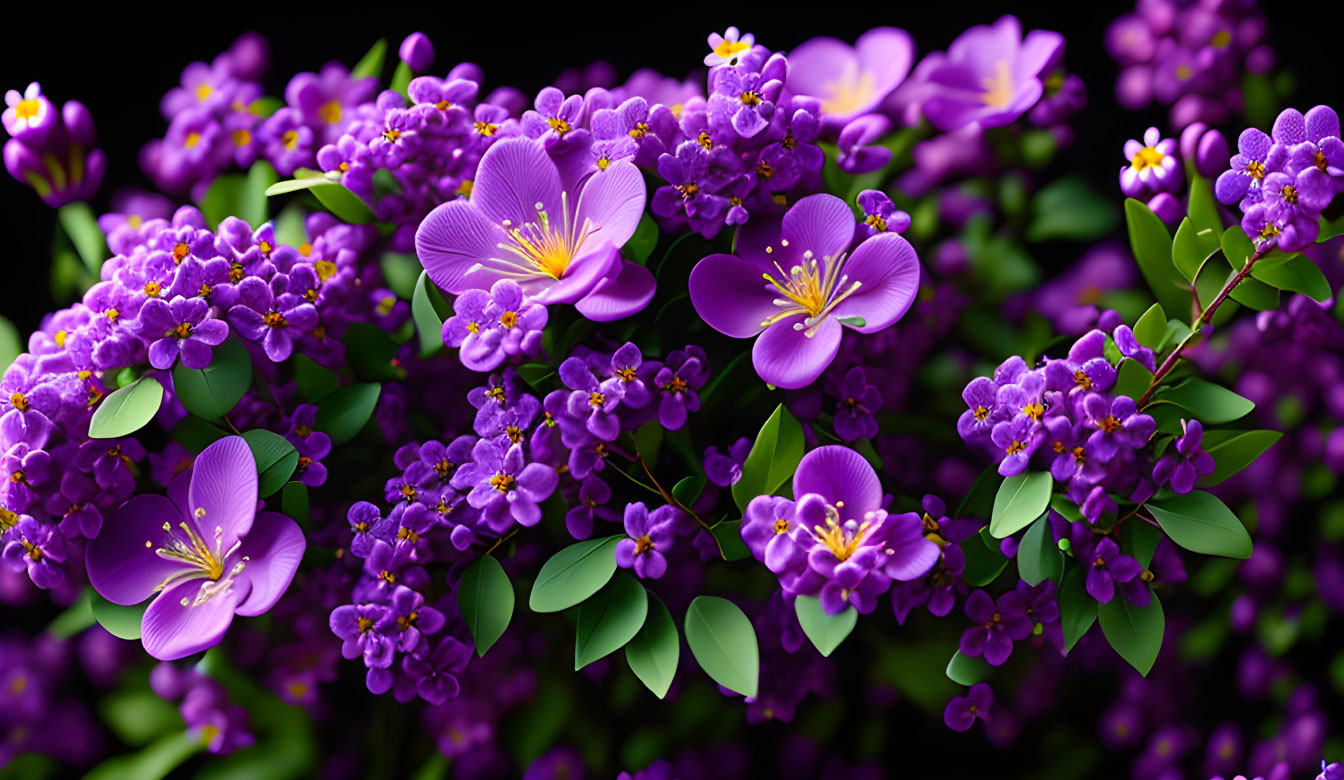 Vibrant purple flowers with yellow centers on dark background