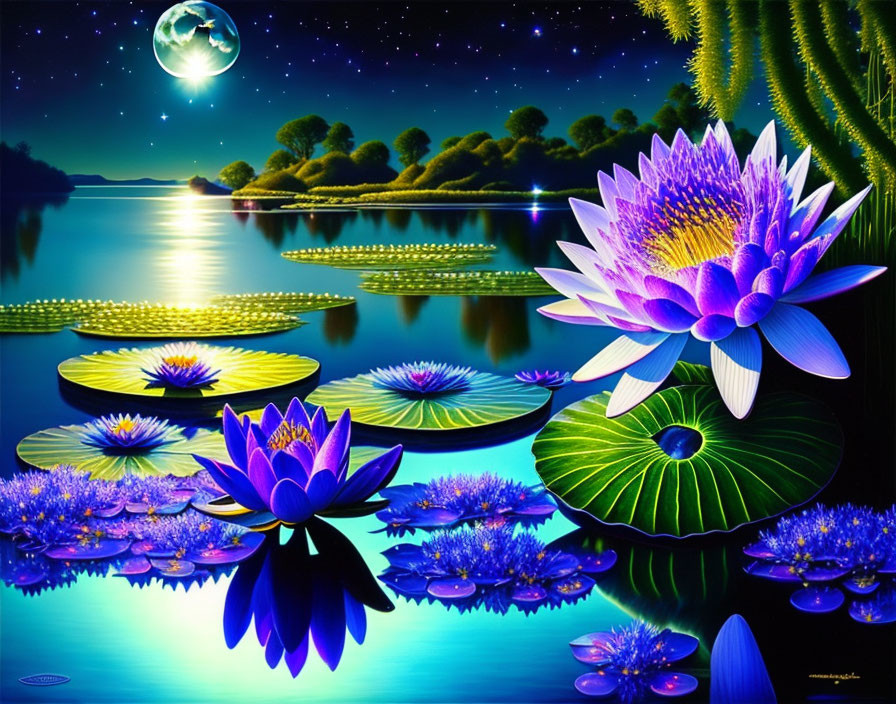 Colorful nighttime lakescape with lotus flowers and full moon.