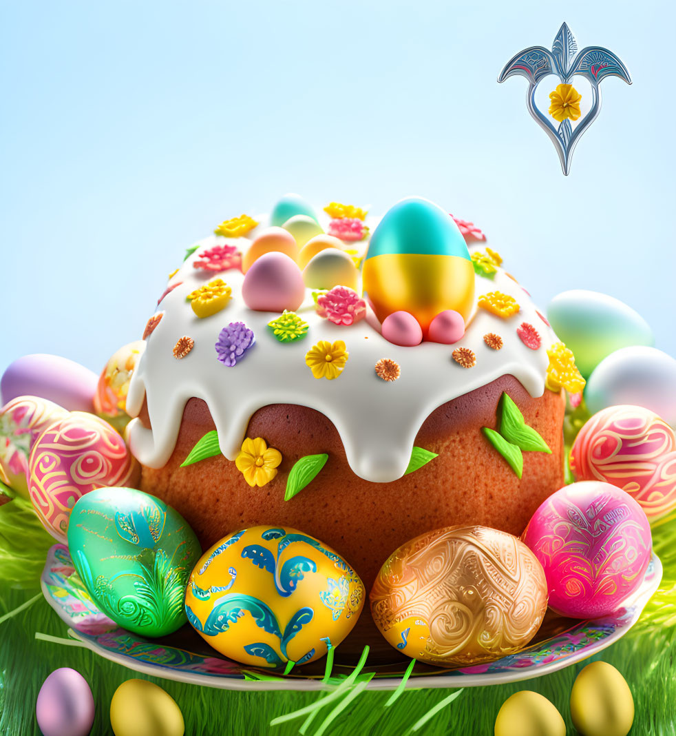 Vibrant Easter scene with decorated cake and eggs on grassy background