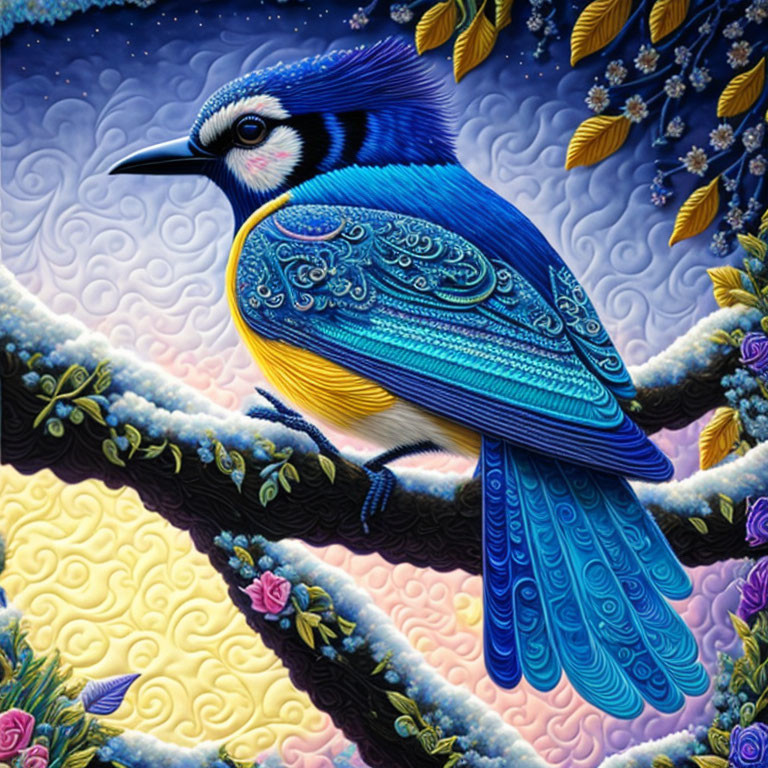 Colorful Bird with Intricate Feather Patterns on Branch in Floral Setting on Blue and Yellow Background