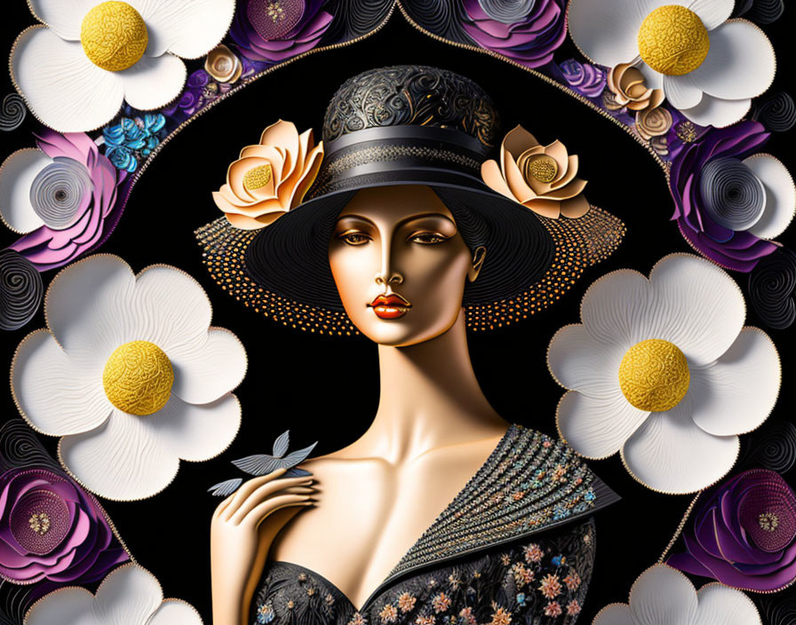 Stylized illustration of woman with golden lips in black hat and floral garment on black background