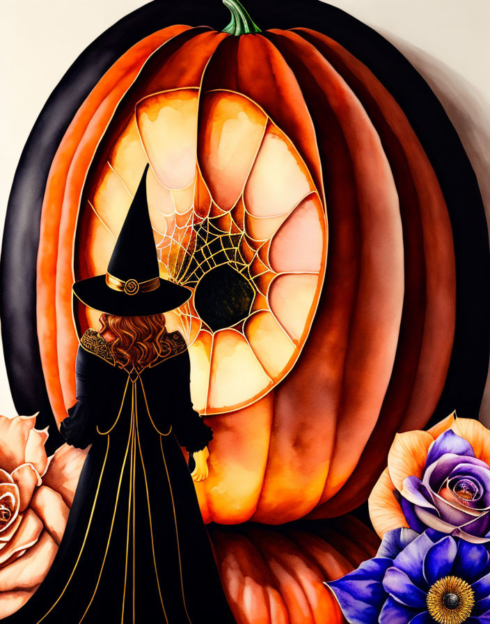 Stylized painting of witch with pumpkin, spider web, and colorful flowers