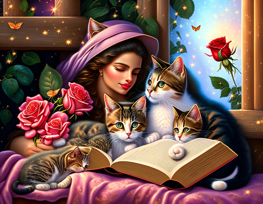 Woman in Pink Hat Reading Book Surrounded by Kittens and Roses
