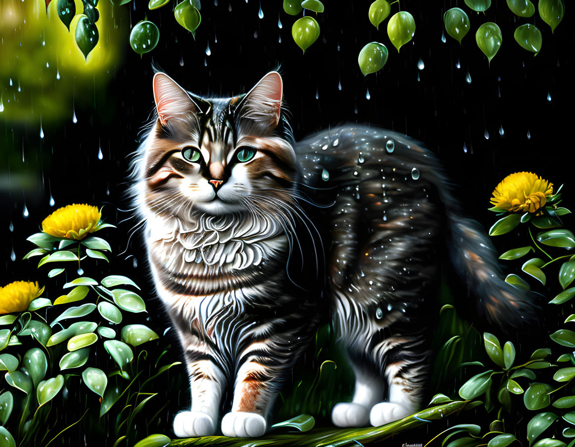 Colorful Long-Haired Cat in Rain Shower Among Foliage and Flowers