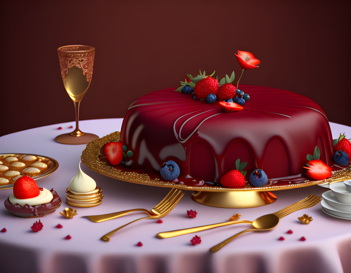 Chocolate cake with berries, golden cutlery, desserts, and crystal glass on table