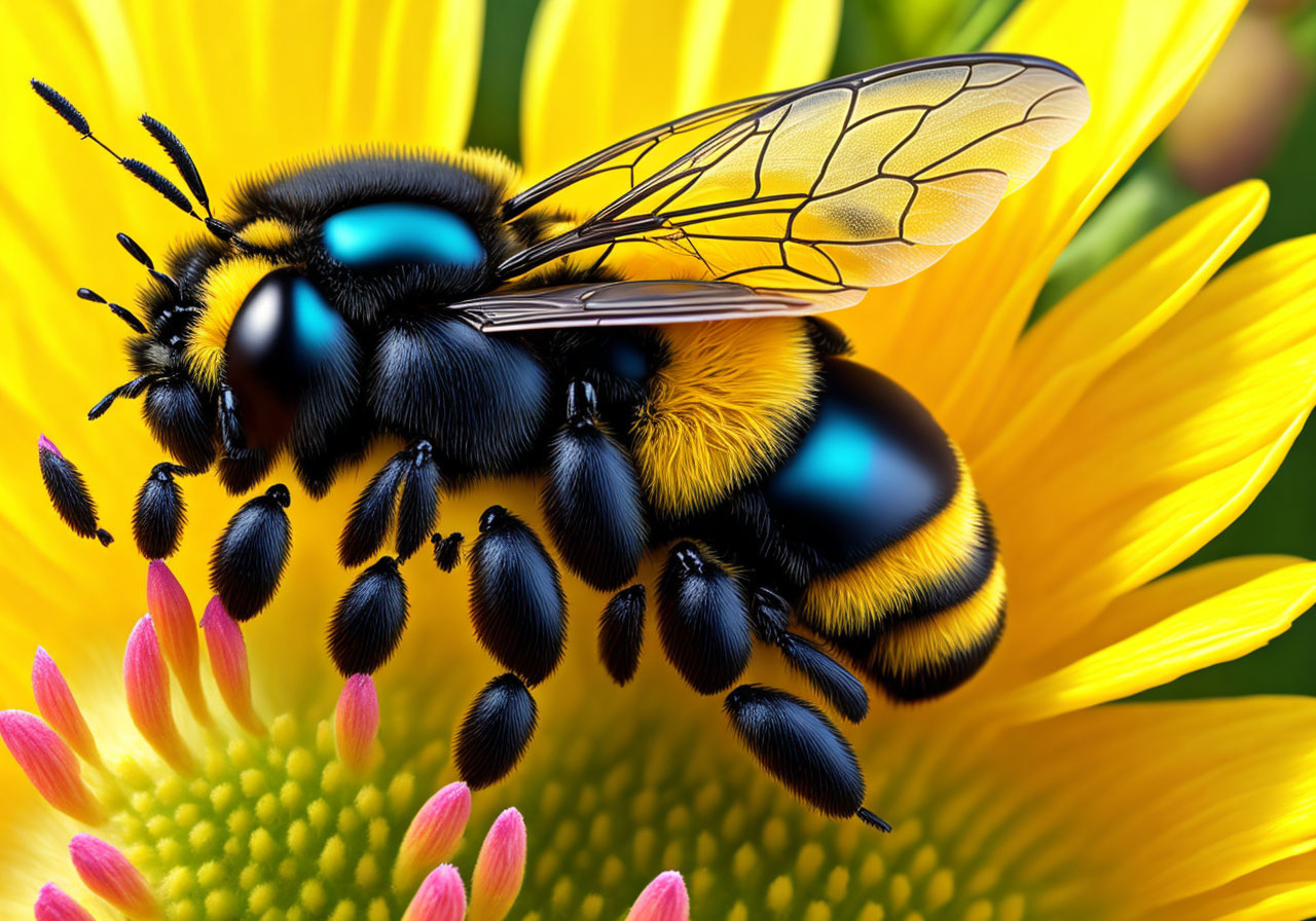 Detailed close-up: Bee pollinating vibrant sunflower.