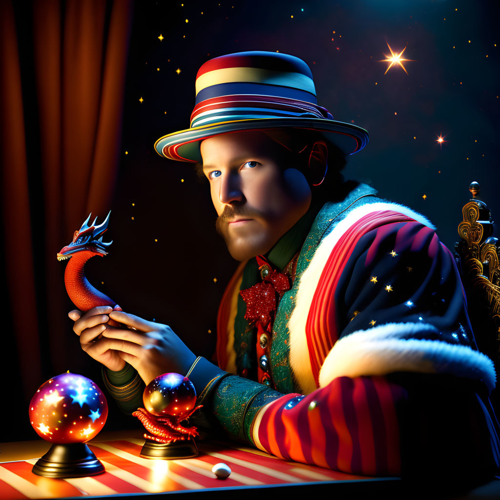 Man in striped hat with dragon figurine and glowing orb on starry backdrop