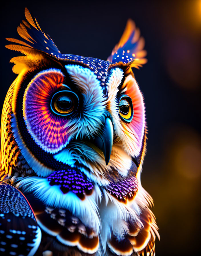 Colorful owl digital artwork on dark background