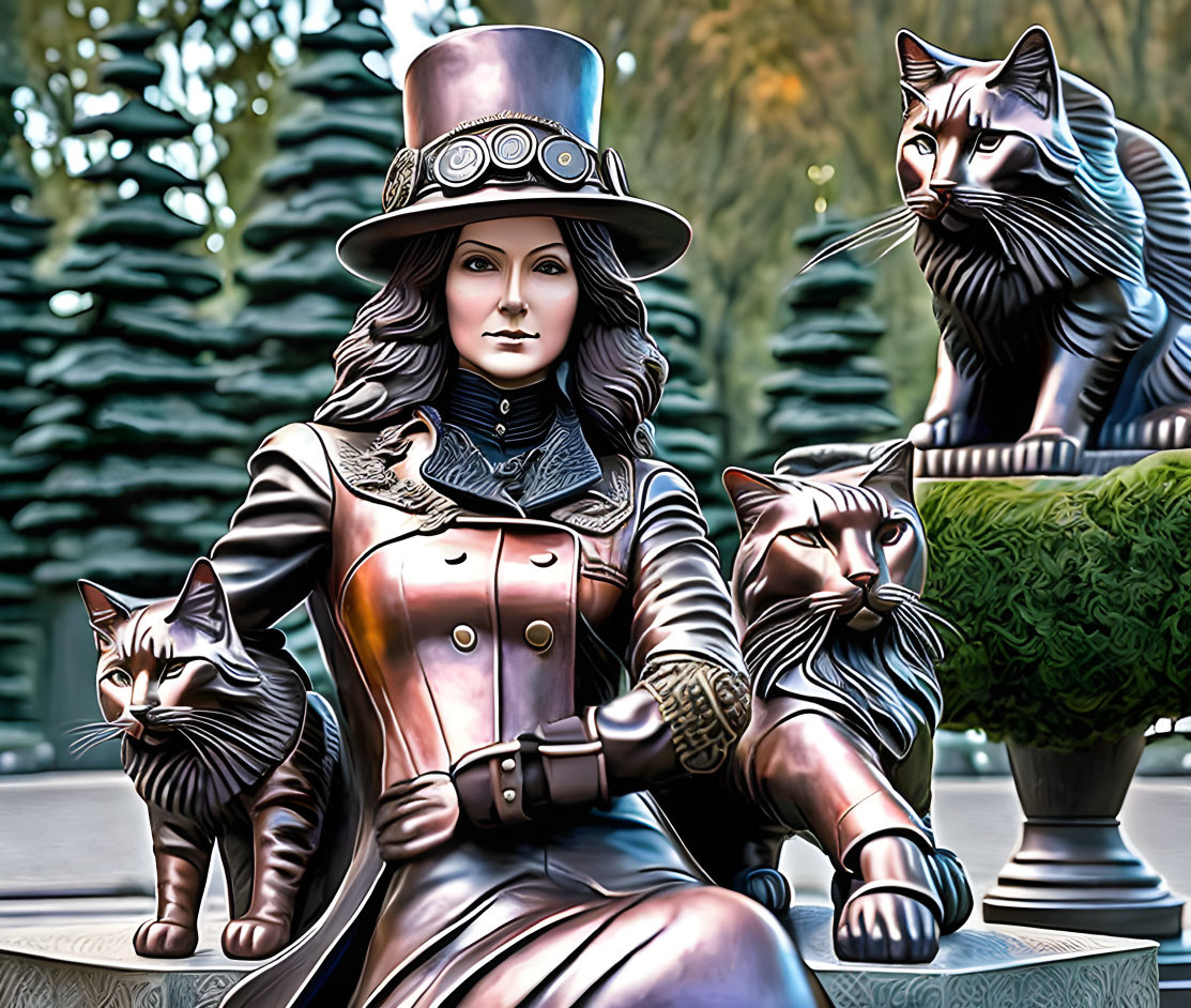 Steampunk-themed digital art with woman, top hat, and cats.