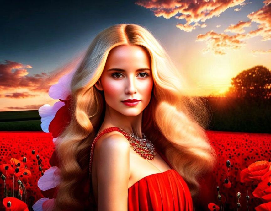 Blonde Woman in Red Dress Surrounded by Poppy Flowers at Sunset