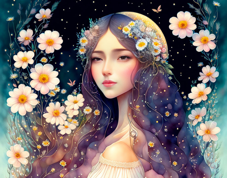 Digital illustration: Woman with floral wreath in cosmic flower and star backdrop