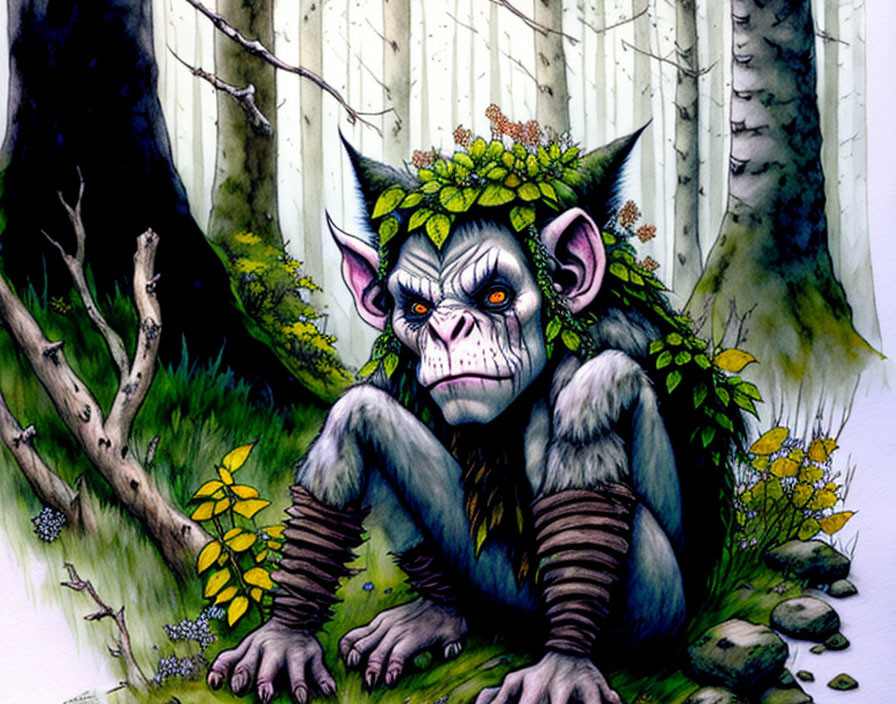 Mythical monkey creature with intense eyes in forest setting with birch trees