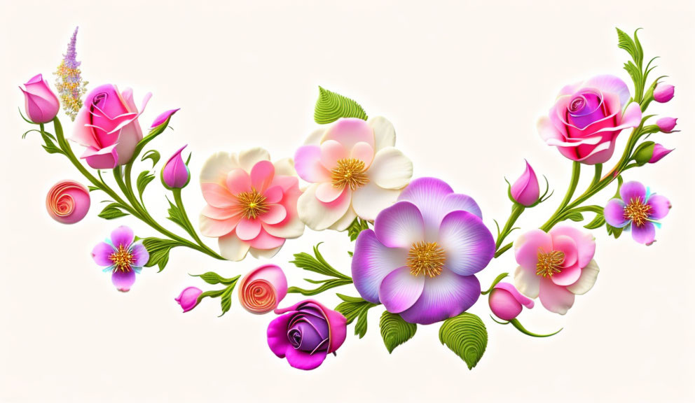 Colorful Floral Arrangement with Roses, Blossoms, and Leaves on Light Background