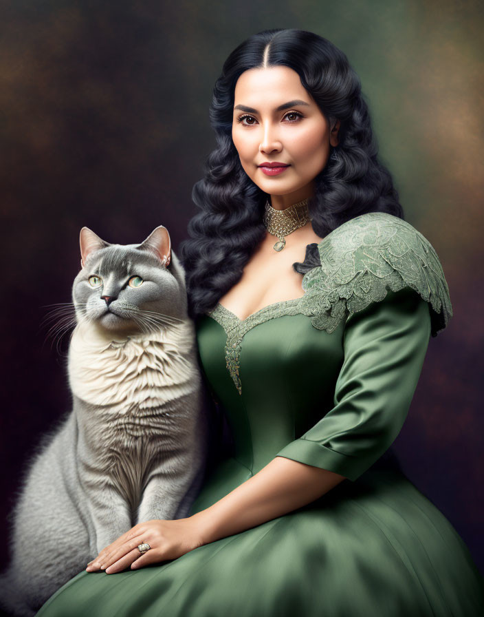 Vintage Green Dress Woman Poses with Grey Cat