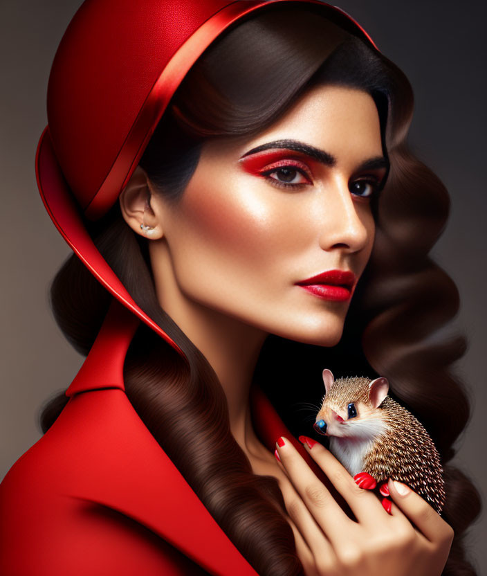 Woman in Red Makeup Holds Hedgehog on Gray Background