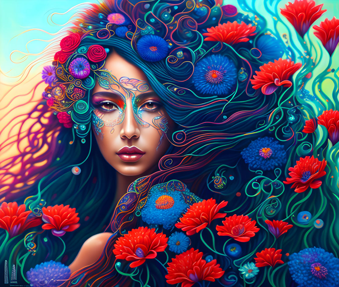 Colorful portrait of woman with blue hair and floral adornments in front of red flowers