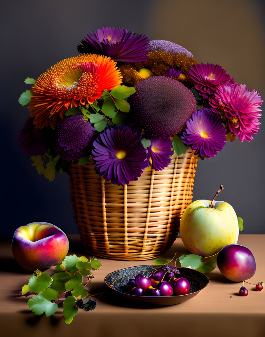 Colorful Flower Basket and Cherries Still Life with Apples and Berries