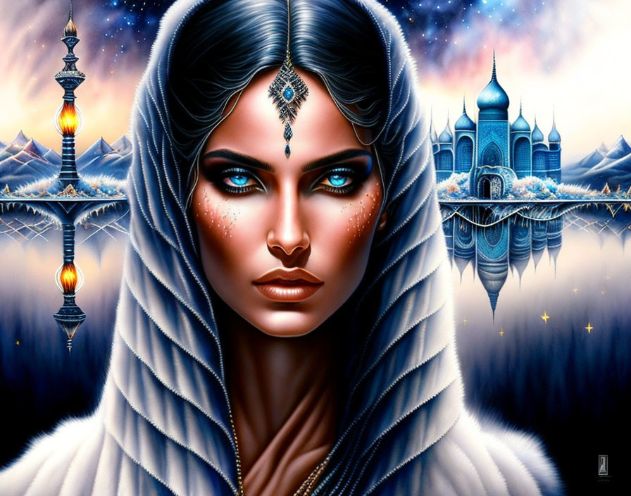 Digital artwork: Woman with blue eyes, face jewelry, white hood, in fantasy setting.