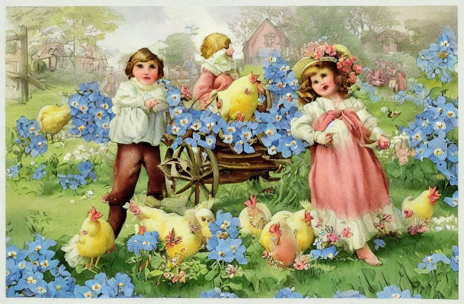 Charming vintage illustration of children, chicks, garden, flowers