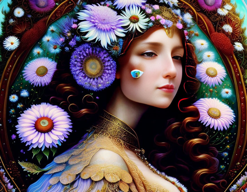 Colorful digital artwork of a woman with floral and ornamental patterns