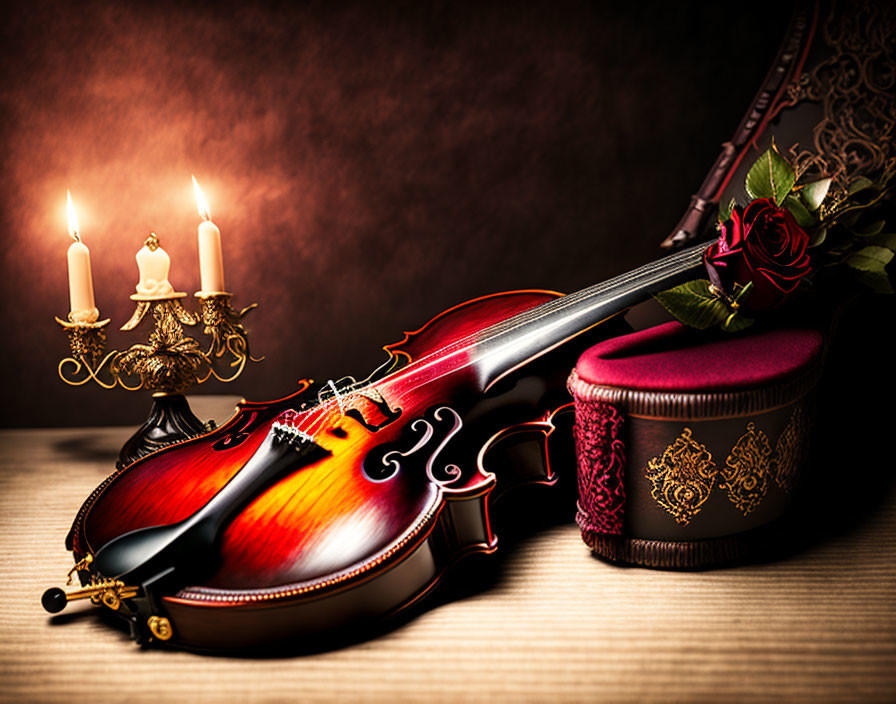 Violin with Bow, Rose, Candles, and Velvet Case on Moody Background