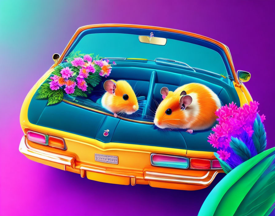 Cartoon hamsters in yellow and blue car with flowers on purple background