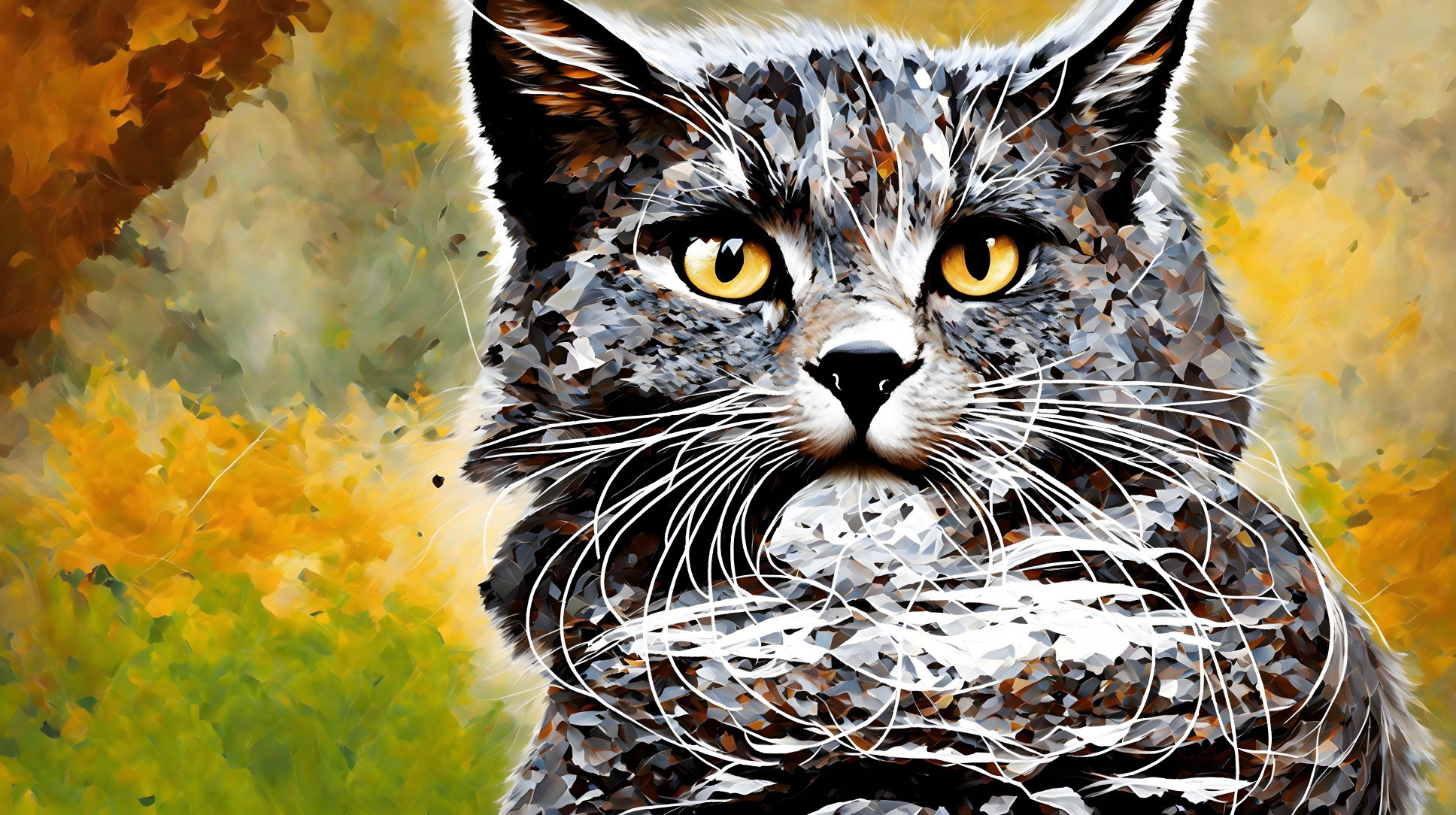 Digital Artwork: Cat with Mosaic Texture on Autumn Background