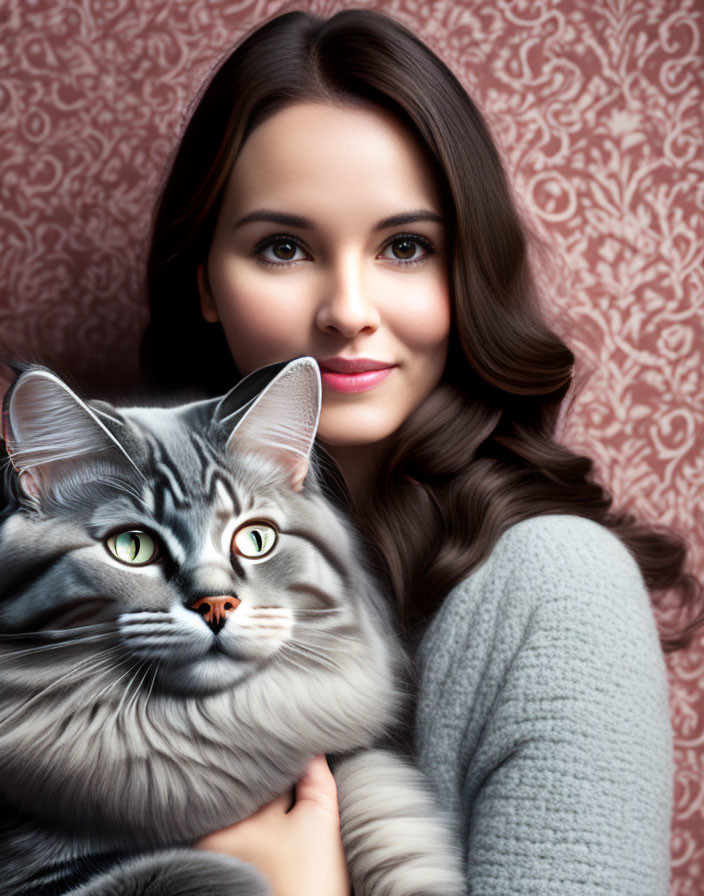 Dark-Haired Woman Smiling with Gray Tabby Cat