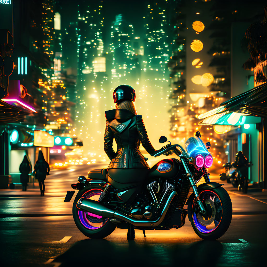 Futuristic helmeted person with neon-lit motorcycle in cityscape at night