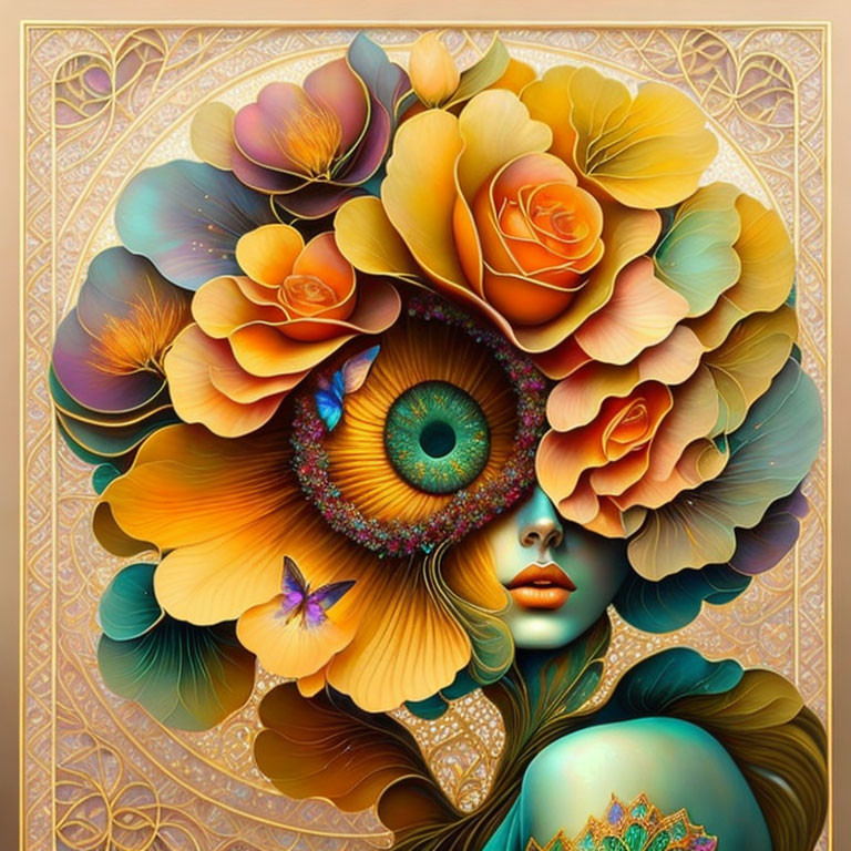 Colorful digital artwork: Woman's face with flowers, peacock feather, butterfly on golden backdrop