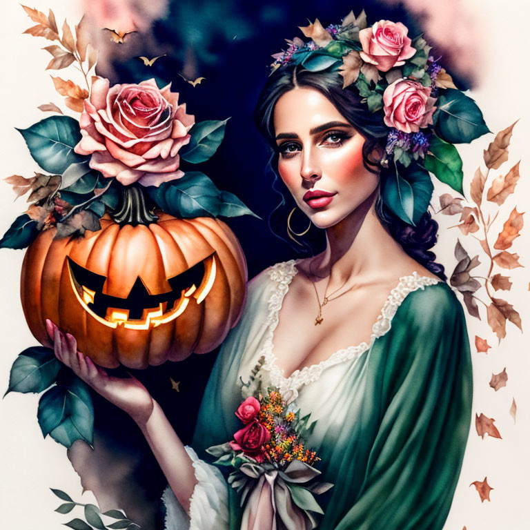 Dark-haired woman with roses and carved pumpkin in spooky setting.