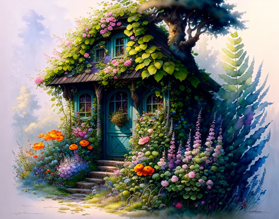 Charming Cottage with Turquoise Door in Enchanted Garden