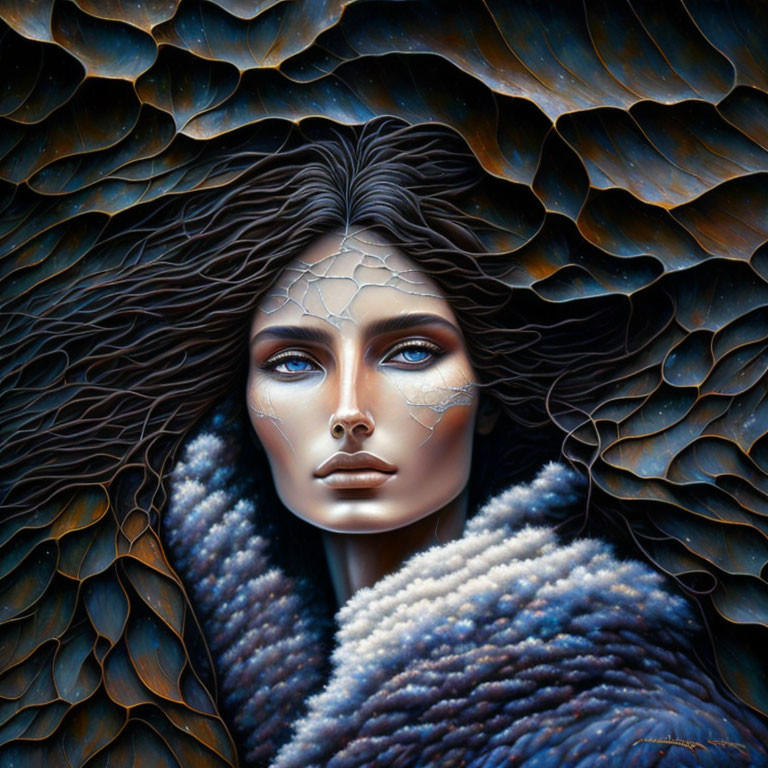 Blue-eyed woman with cracked porcelain skin in dark, wavy shapes