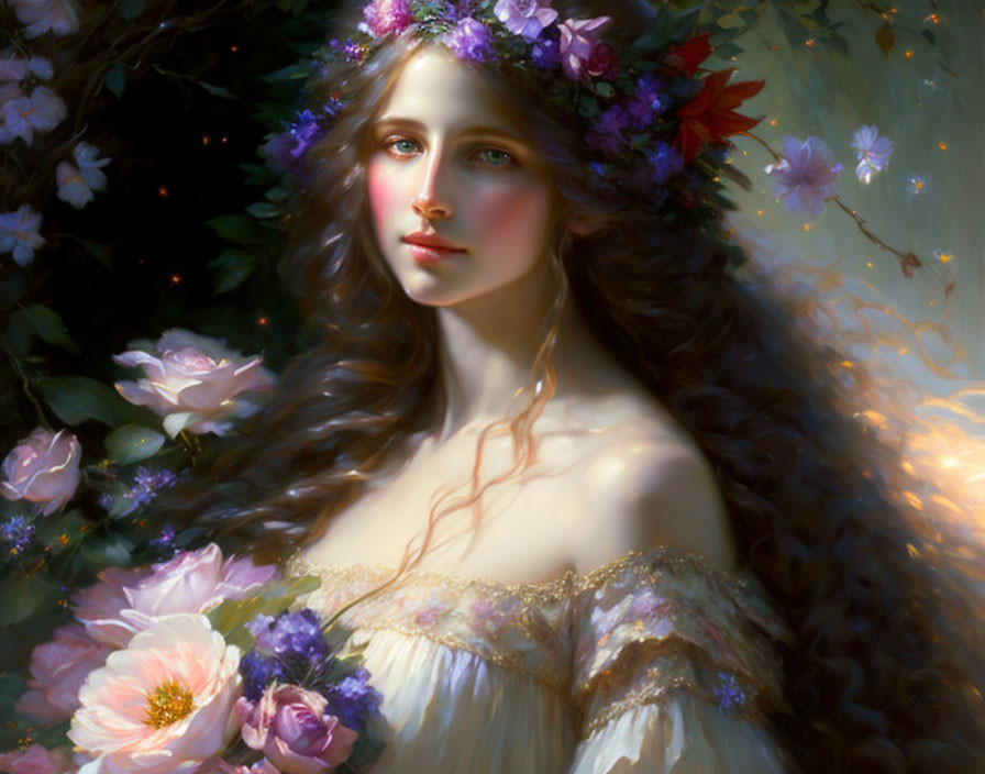 Portrait of woman with long wavy hair, off-shoulder dress, and floral hair adornments