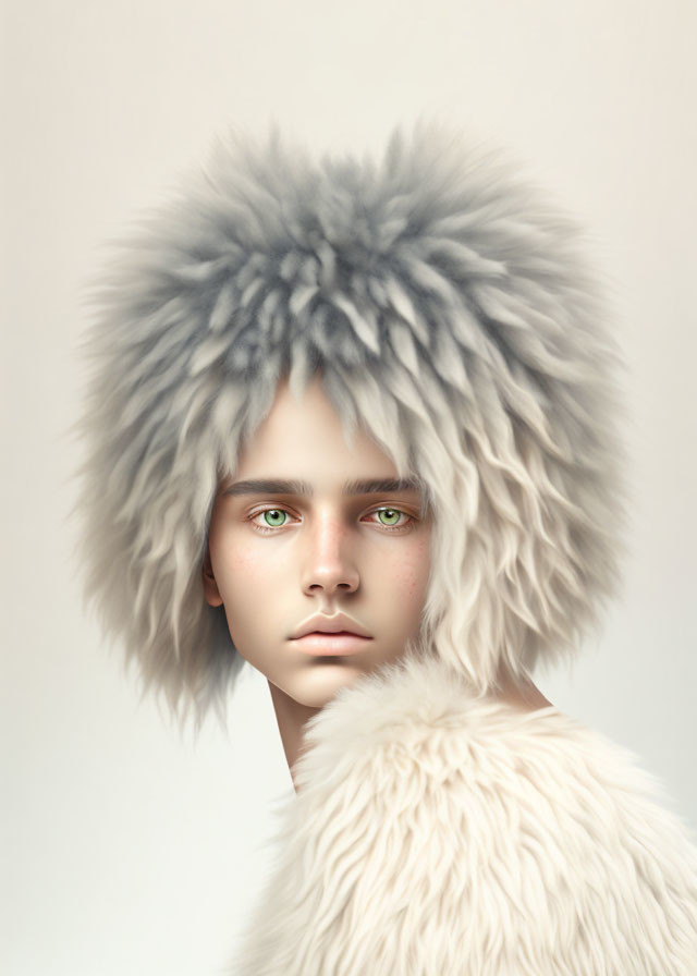 Person with Green Eyes in White & Gray Fur Hat and Coat