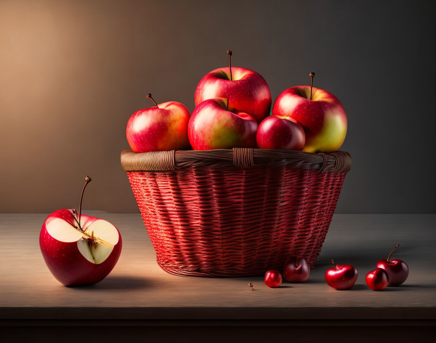 Ripe red apples in wicker basket under soft lighting