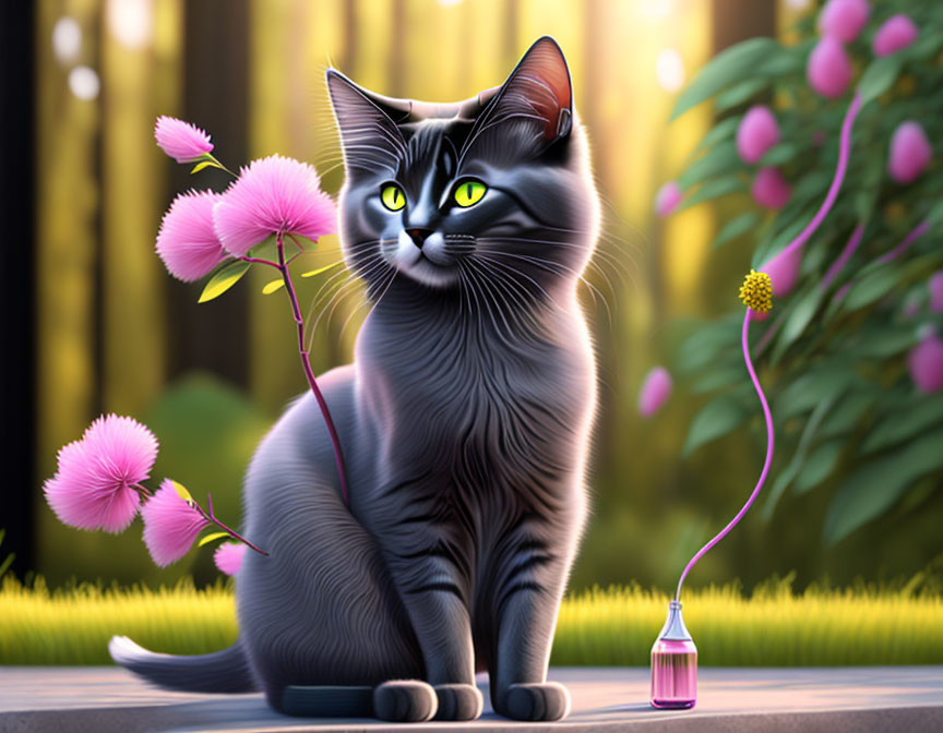 Grey Cat with Green Eyes Beside Pink Flower and Purple Bottle in Garden