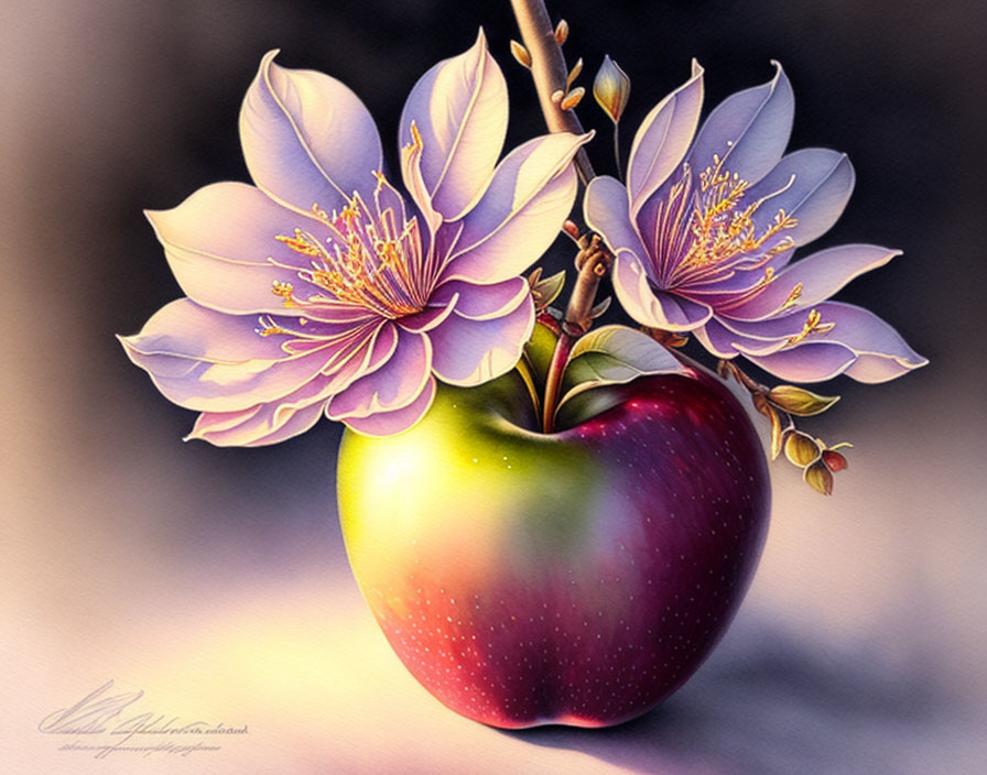 Colorful digital artwork: Ripe apple with pink blossoms on soft background