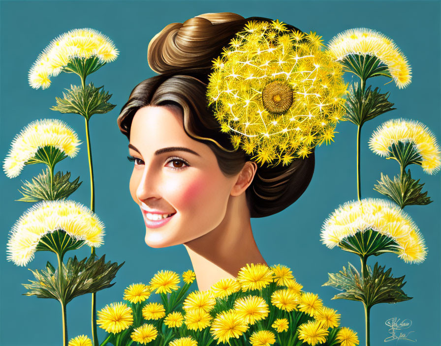 Smiling woman with dandelion flowers in hair on teal background