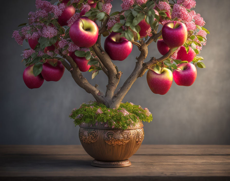 Bonsai tree with red apples and pink flowers in decorative pot