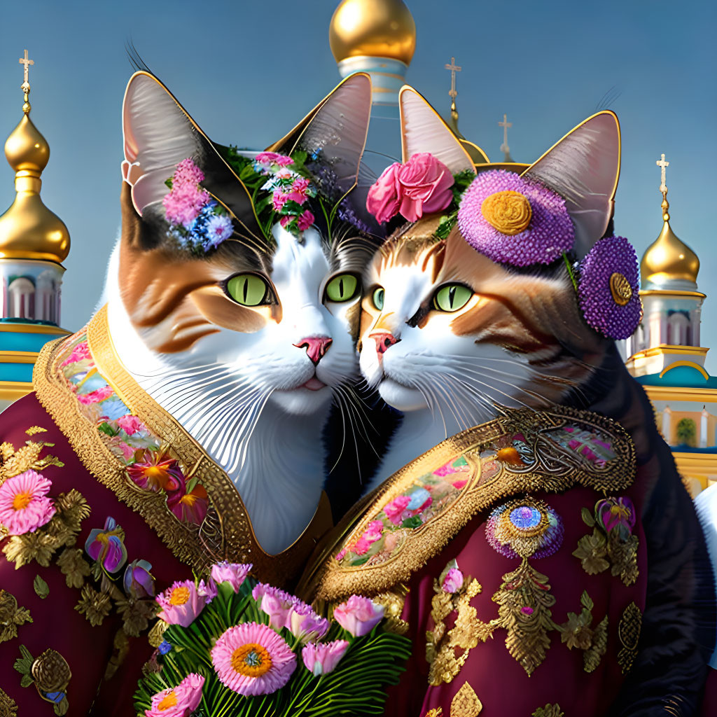 Two cats in Russian attire with human-like features in front of golden-domed buildings