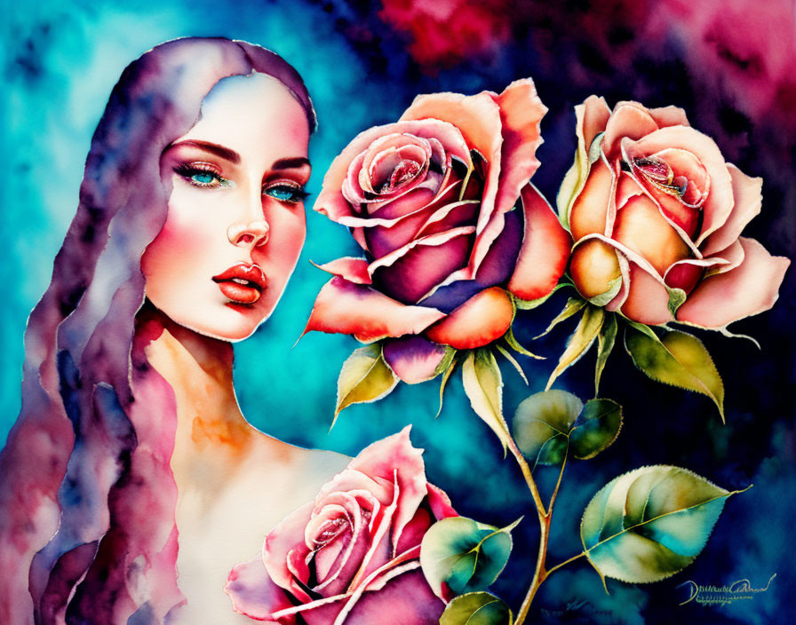 Woman with flowing hair and vibrant roses in watercolor painting.