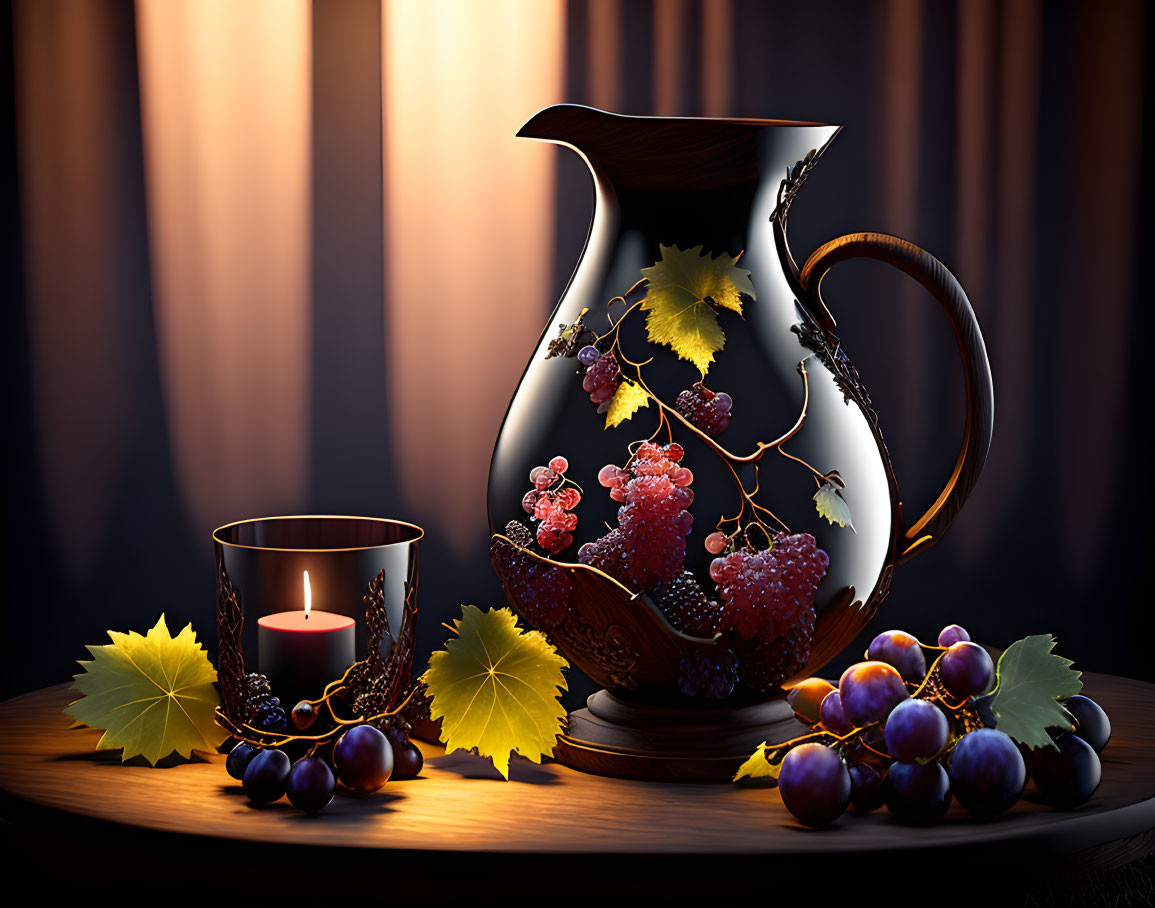 Decorative grape-themed jug with candle and curtain backdrop