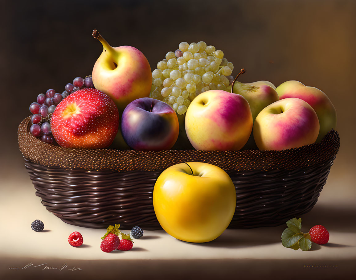 Realistic still life painting: Basket with assorted fruits and berries