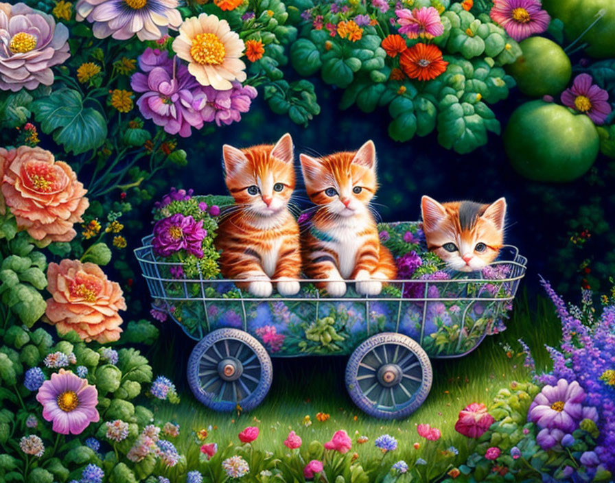 Three kittens in glass wagon in vibrant garden