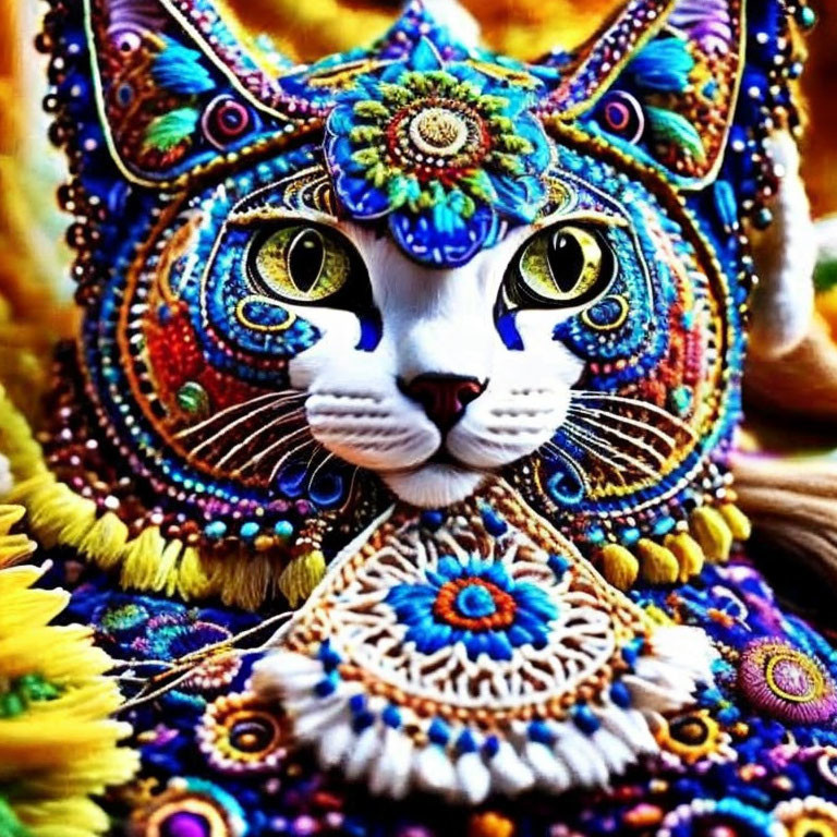 Colorful intricate cat artwork with vibrant patterns and decorations