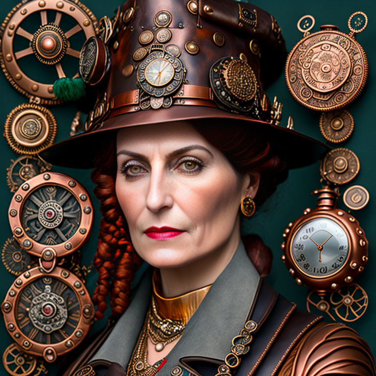 Steampunk-themed woman with cog-and-gear hat in clockwork backdrop